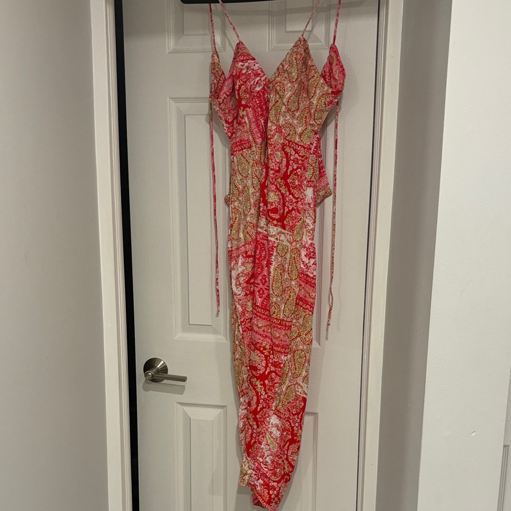 Zara Red and Gold Patterned Midi Dress